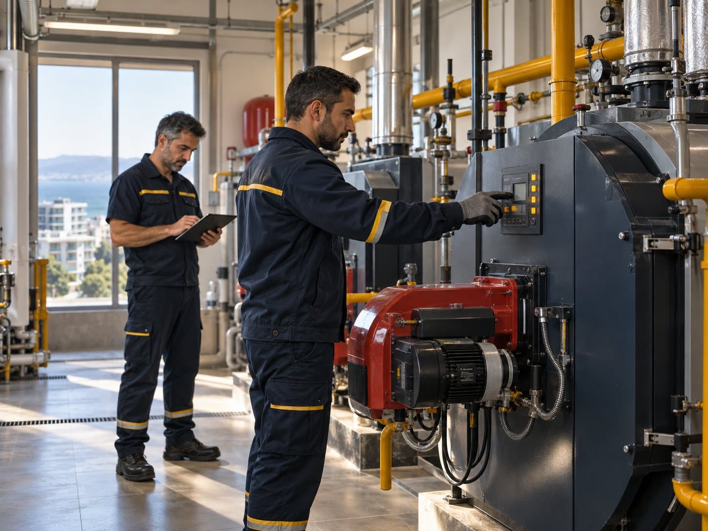 Teknik ekip kazan dairesinde kontrol yaparken
