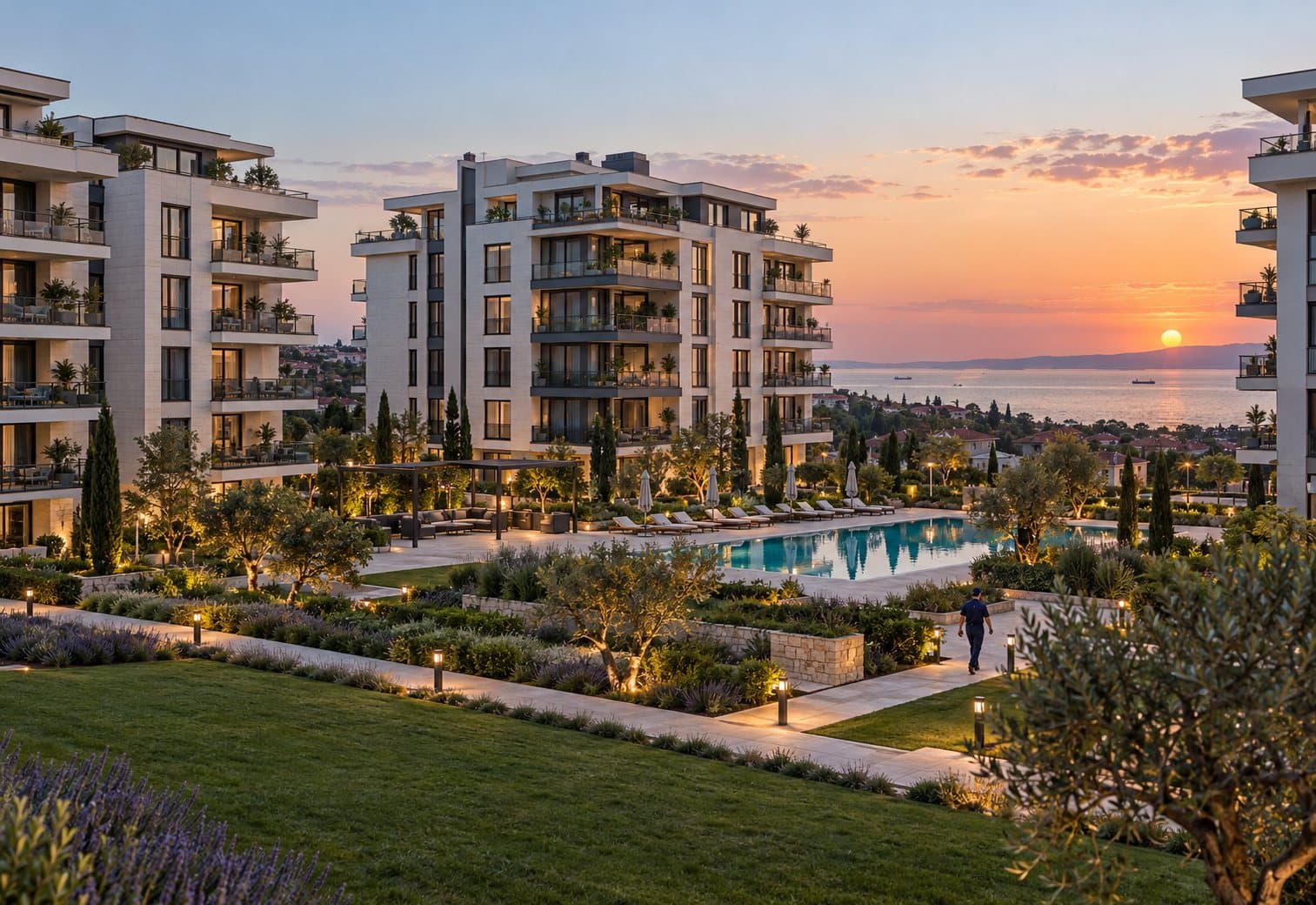 Tekirdağ'da gün batımında modern bir konut sitesi ve bakımlı peyzaj alanı